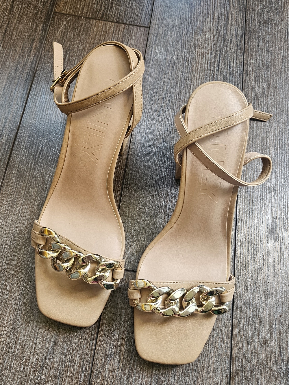 Only Beige Ankle-Strap Heels with Gold Chain